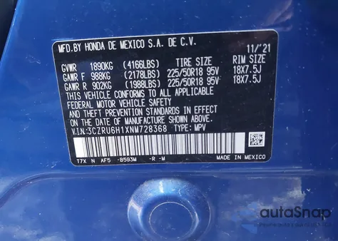 2022 Honda Hr-V Awd Sport z USA, uszkodzony, nr VIN 3CZRU6H1XNM728368